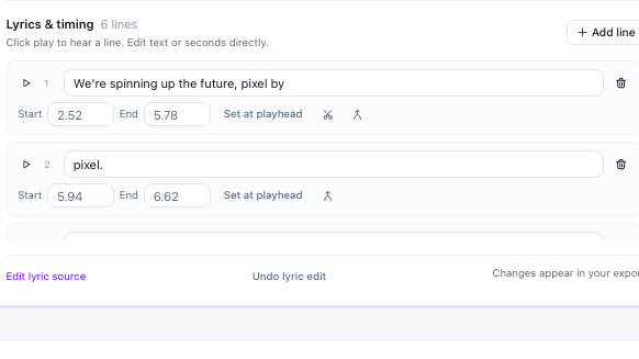 Lyric Video Maker word timing editor with editable text